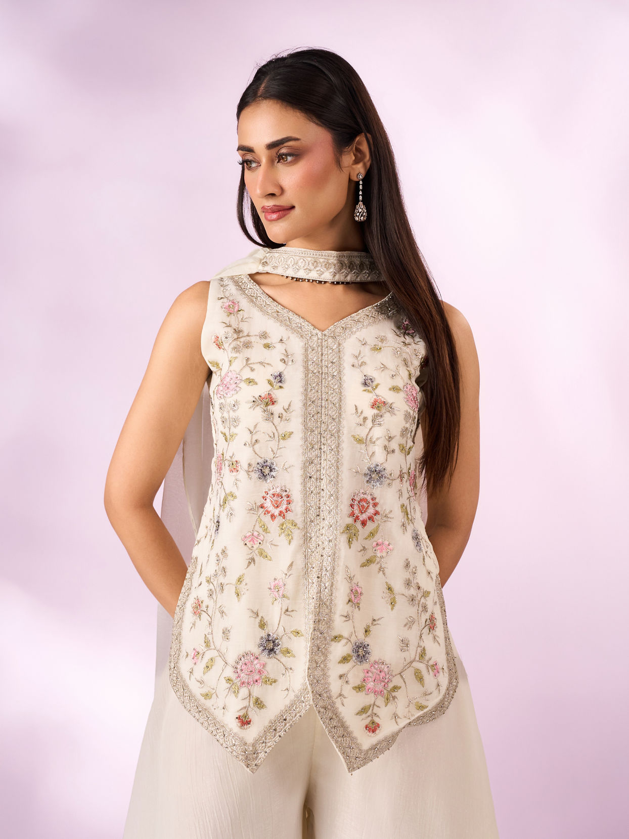 Mohey Women Cream Chinon Palazzo Suit with Embroidery