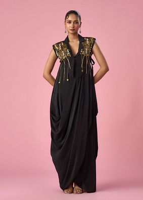 Mohey Women Black Satin Indo Western with Sequin Work