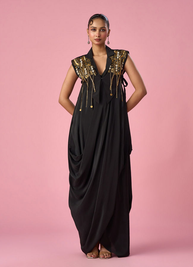 Mohey Women Black Satin Indo Western with Sequin Work