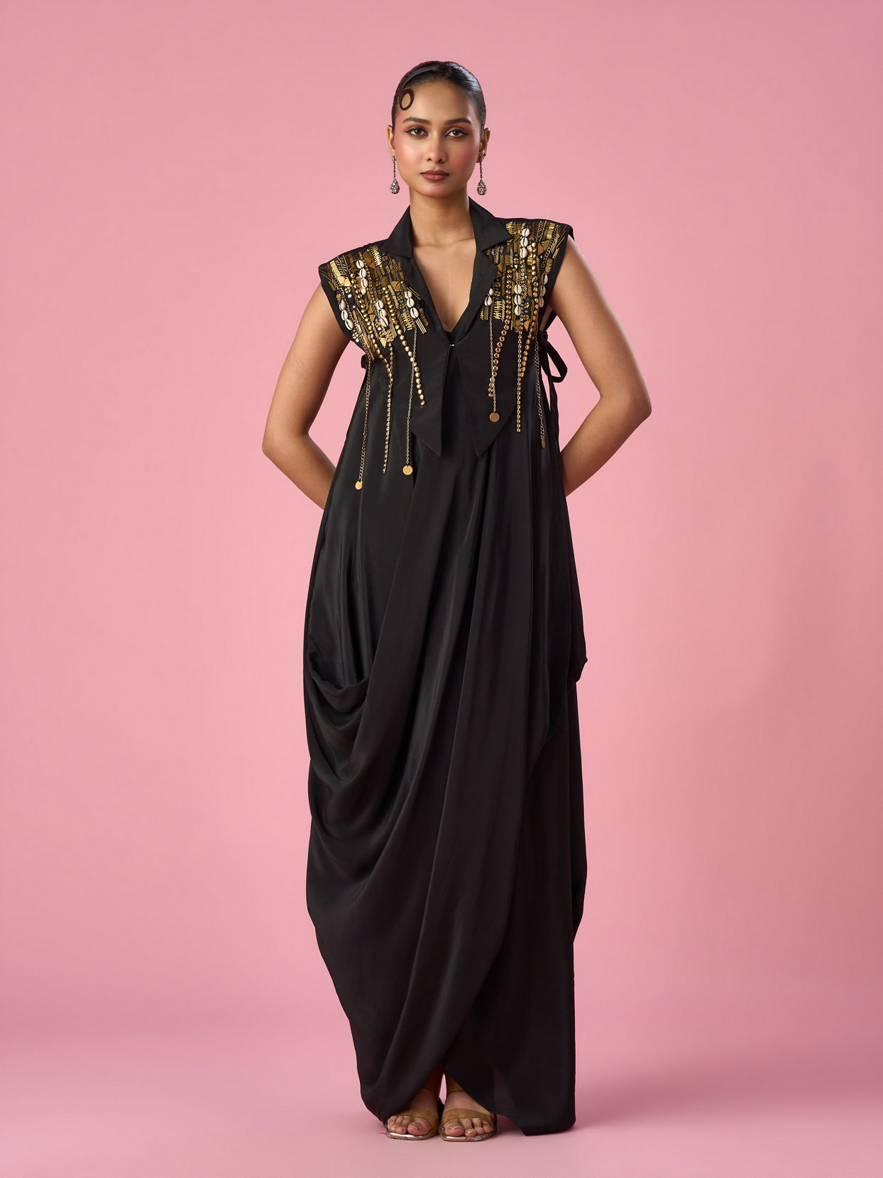 Mohey Women Black Satin Indo Western with Sequin Work