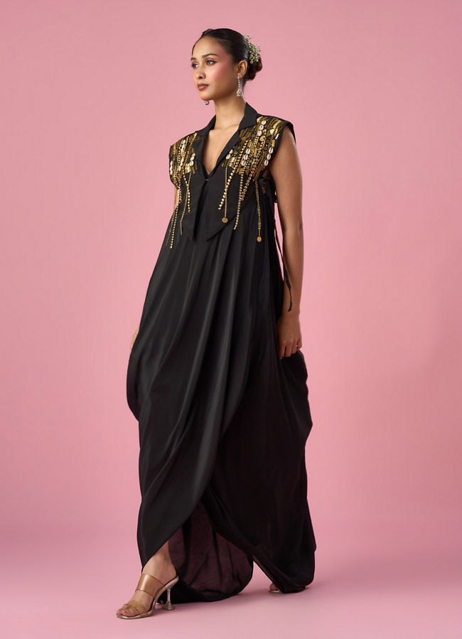 Mohey Women Black Satin Indo Western with Sequin Work