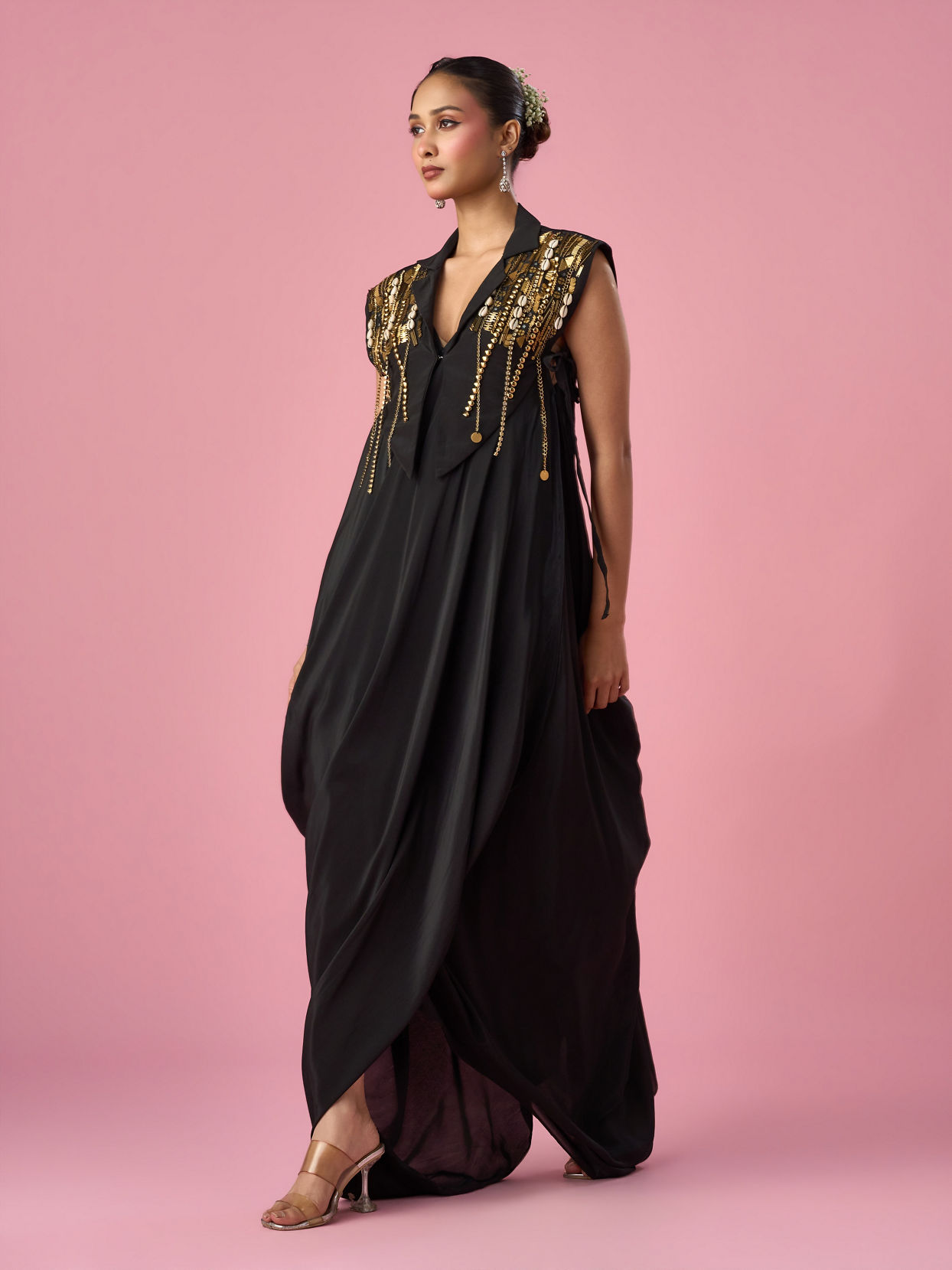 Mohey Women Black Satin Indo Western with Sequin Work