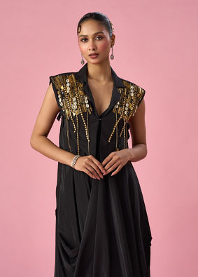 Mohey Women Black Satin Indo Western with Sequin Work