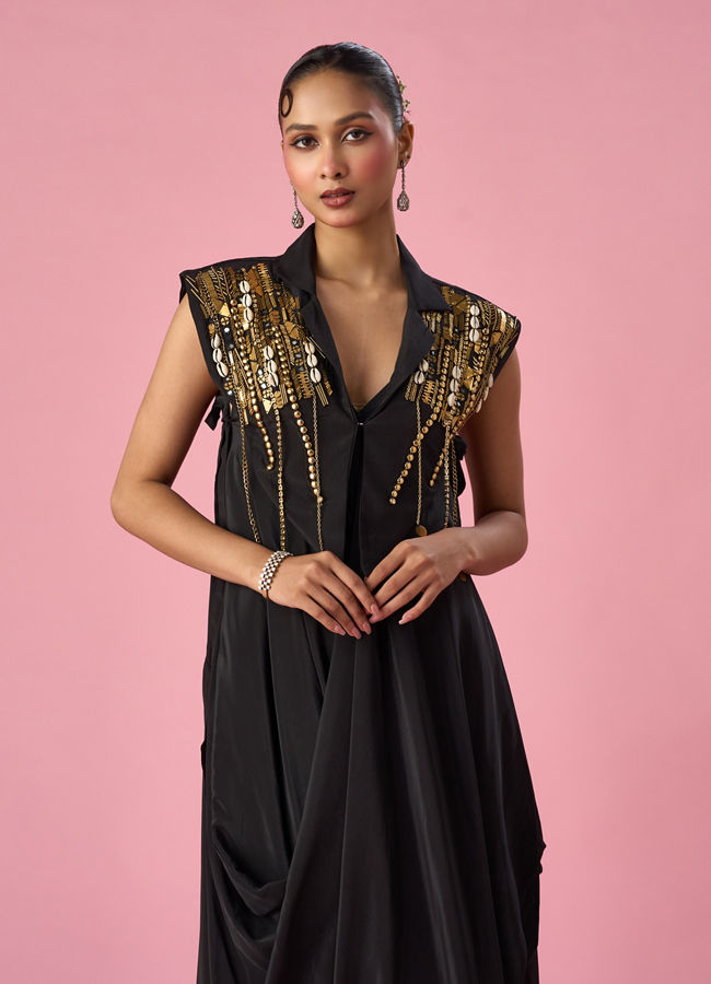 Mohey Women Black Satin Indo Western with Sequin Work