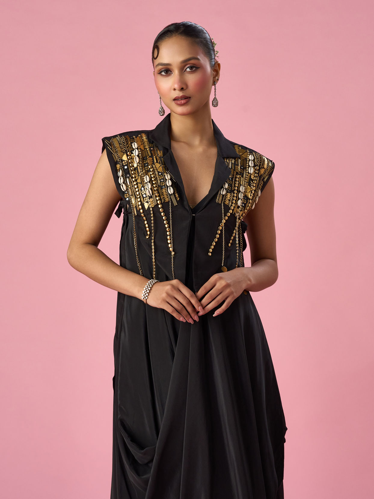 Mohey Women Black Satin Indo Western with Sequin Work