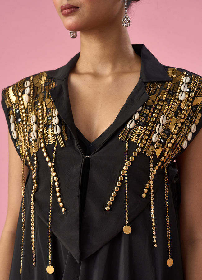Mohey Women Black Satin Indo Western with Sequin Work