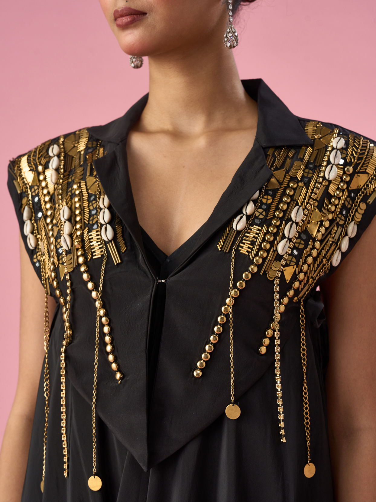 Mohey Women Black Satin Indo Western with Sequin Work