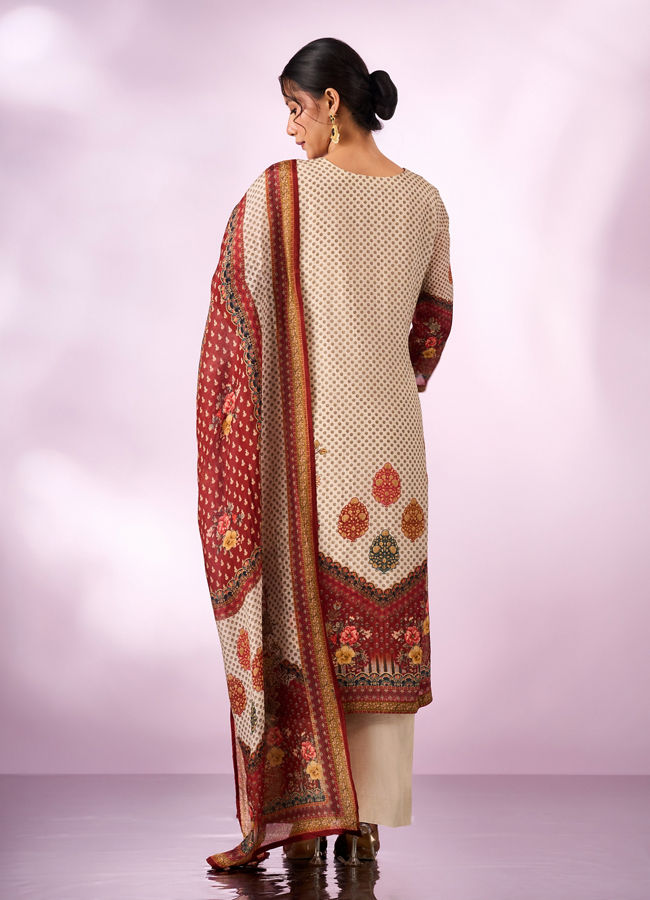 Mohey Women Cream Chinon Stitched Suit with Hand Embroidery