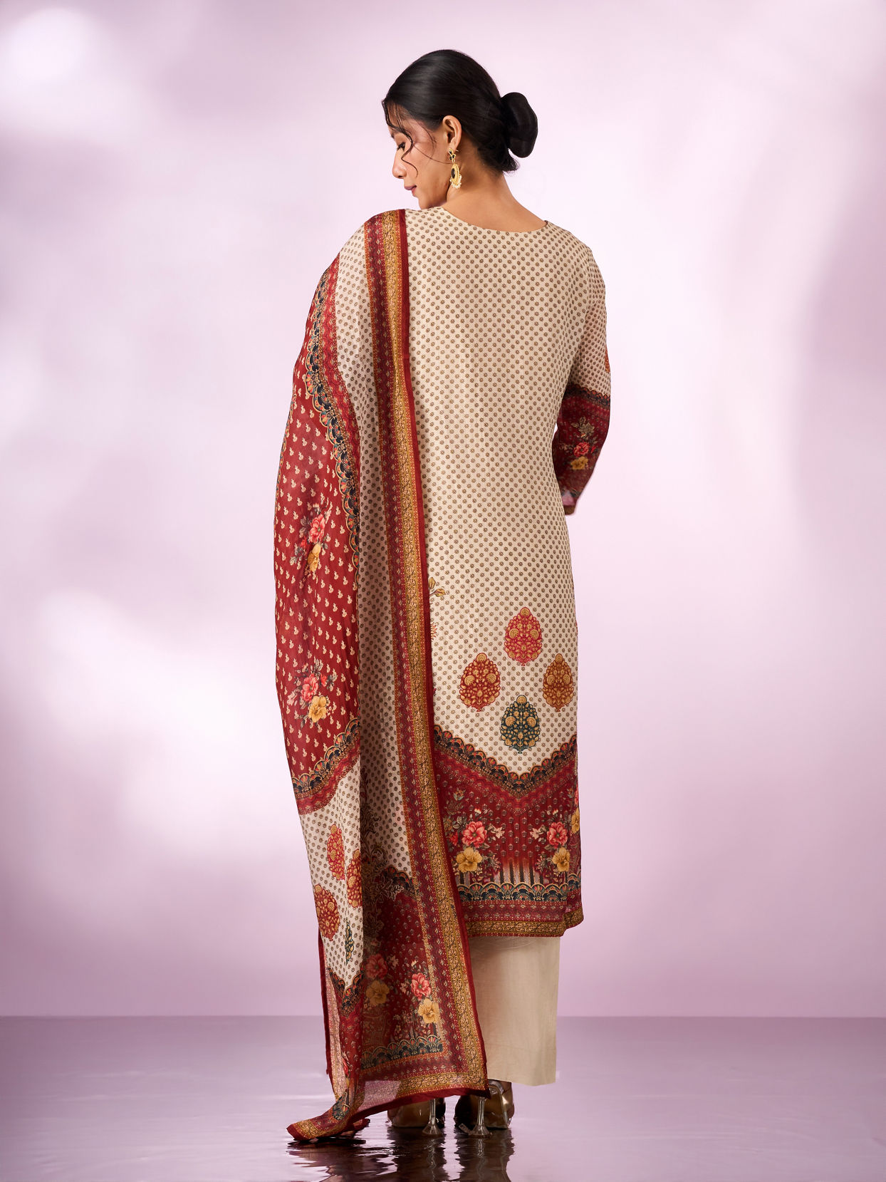 Mohey Women Cream Chinon Stitched Suit with Hand Embroidery