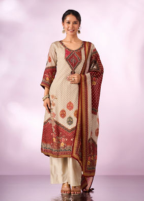 Mohey Women Cream Chinon Stitched Suit with Hand Embroidery