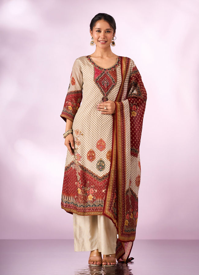 Mohey Women Cream Chinon Stitched Suit with Hand Embroidery