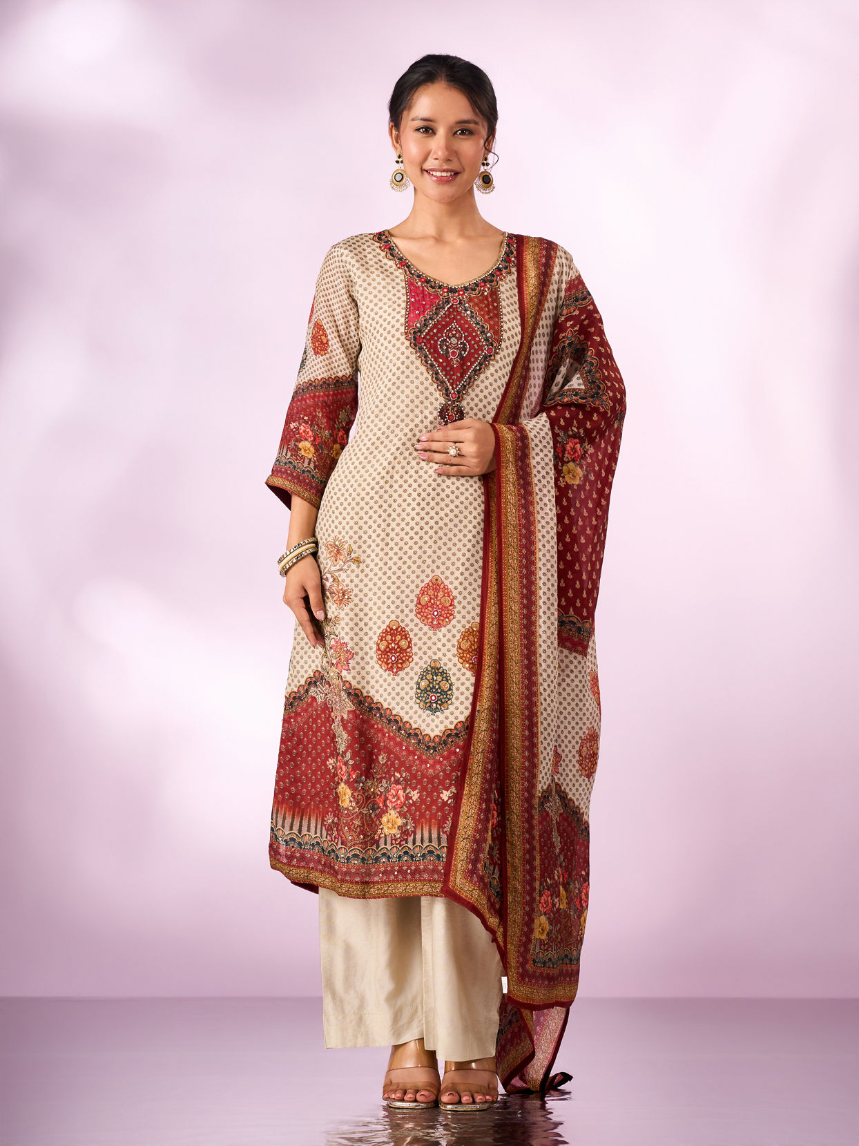 Mohey Women Cream Chinon Stitched Suit with Hand Embroidery