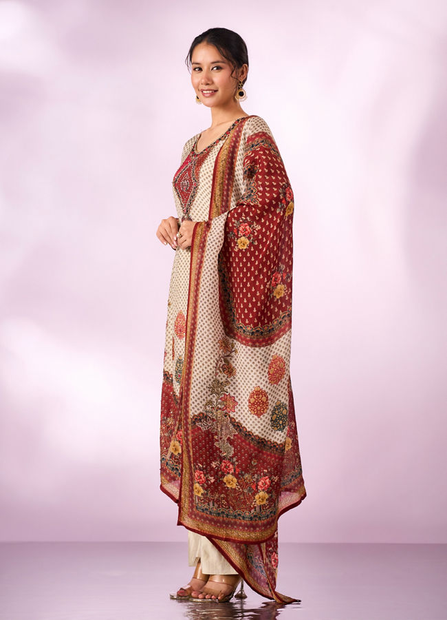 Mohey Women Cream Chinon Stitched Suit with Hand Embroidery