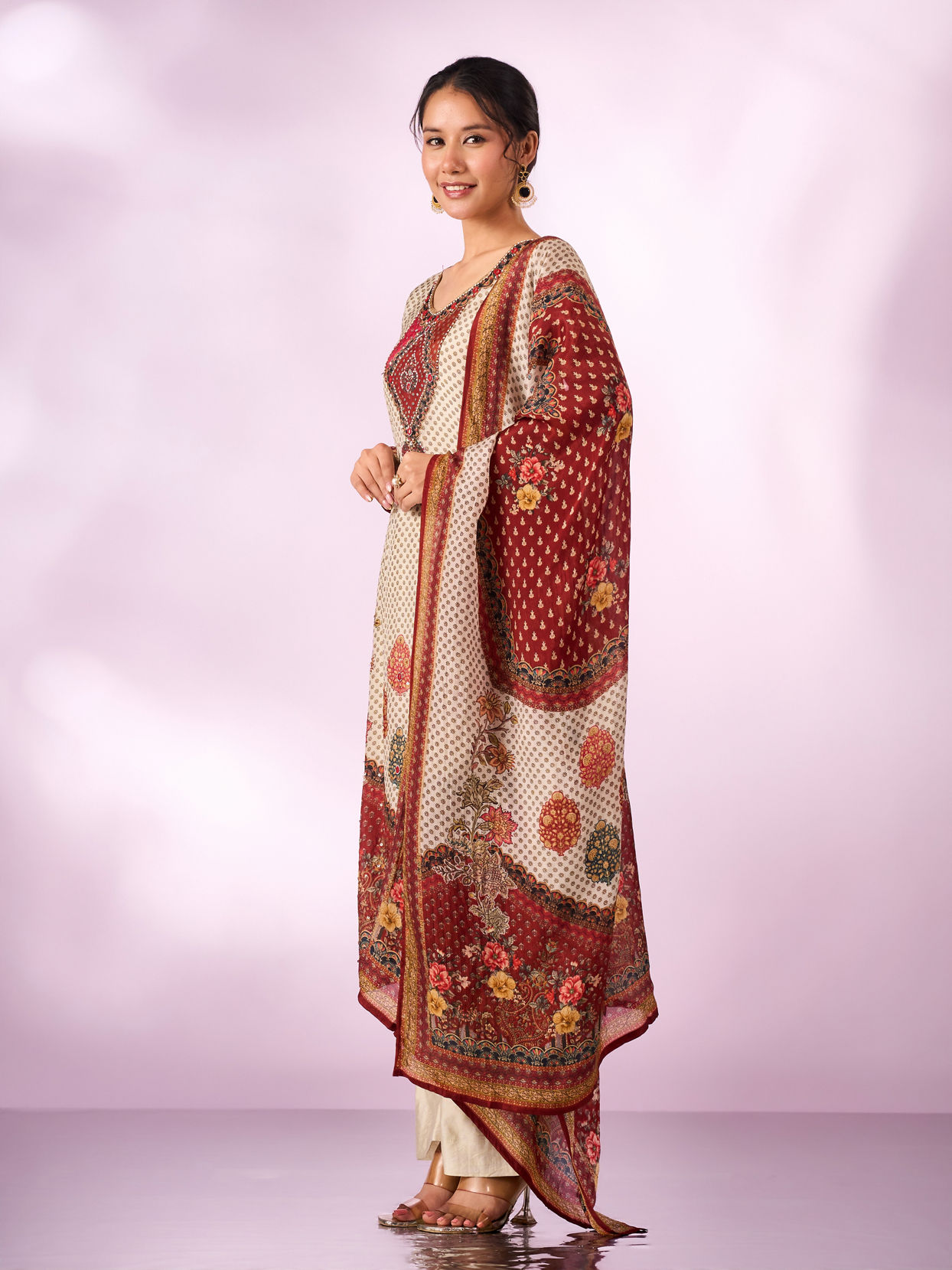 Mohey Women Cream Chinon Stitched Suit with Hand Embroidery