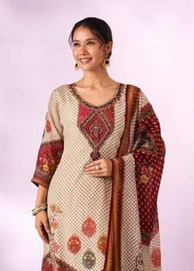 Mohey Women Cream Chinon Stitched Suit with Hand Embroidery