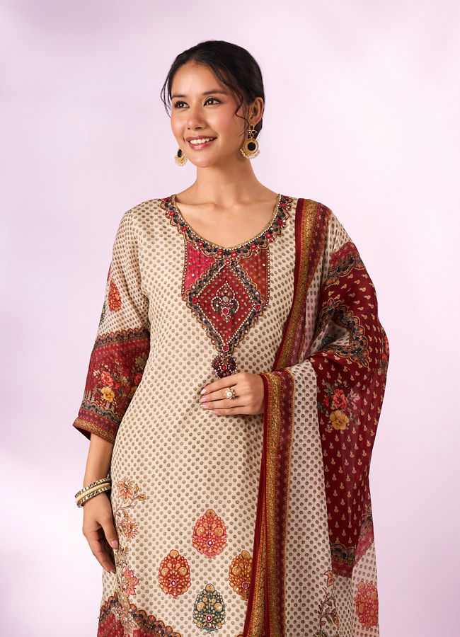 Mohey Women Cream Chinon Stitched Suit with Hand Embroidery