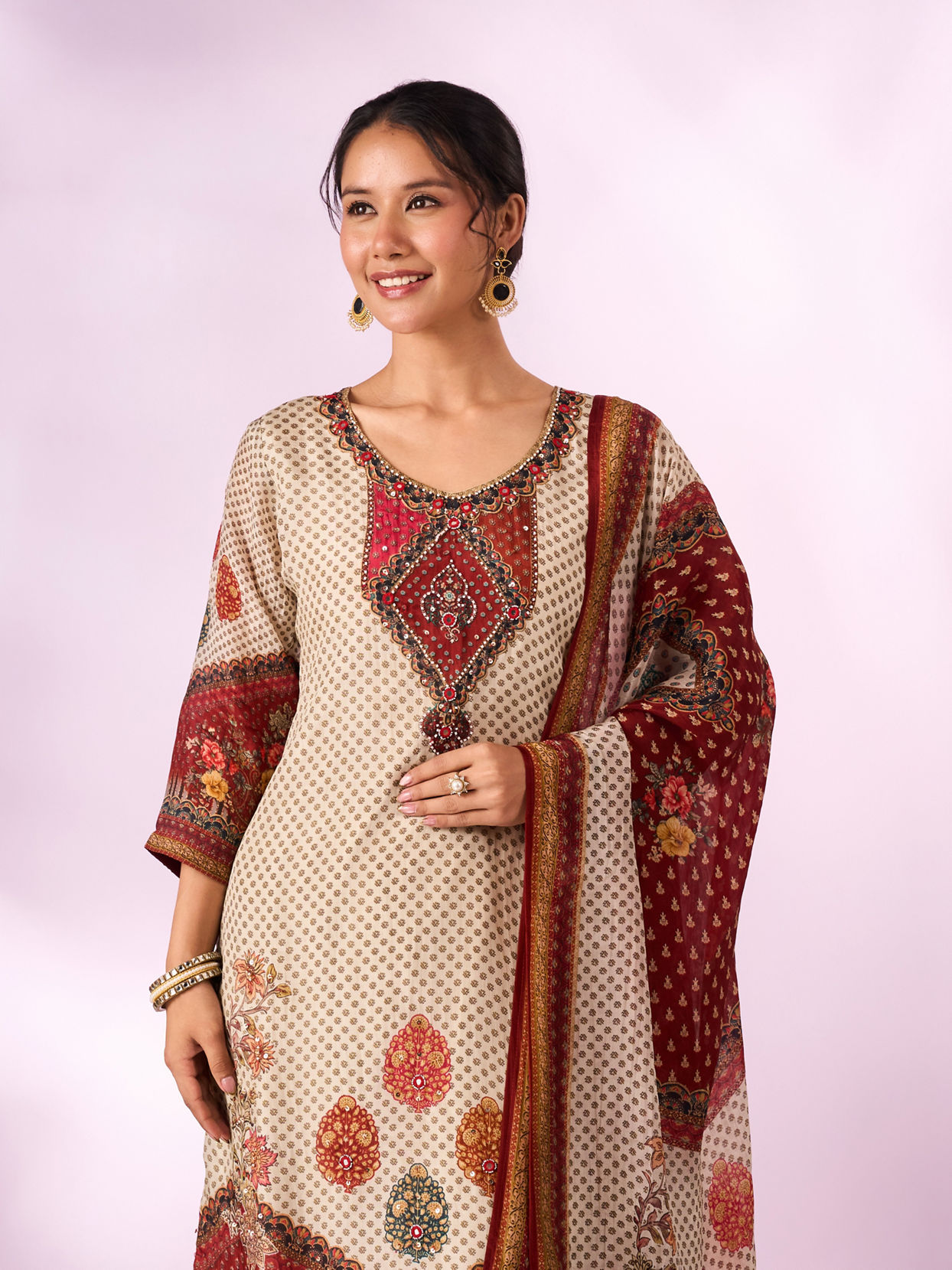 Mohey Women Cream Chinon Stitched Suit with Hand Embroidery