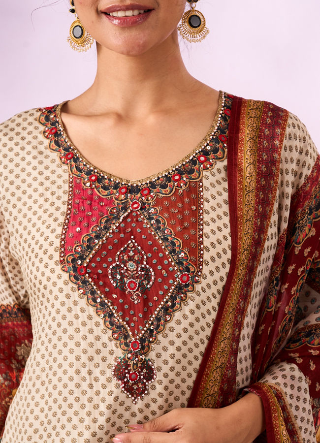 Mohey Women Cream Chinon Stitched Suit with Hand Embroidery