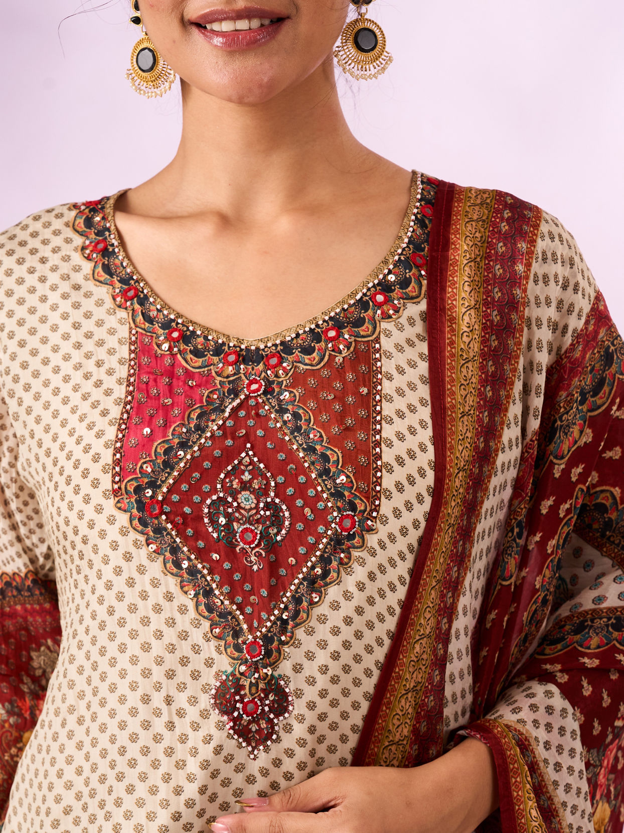 Mohey Women Cream Chinon Stitched Suit with Hand Embroidery