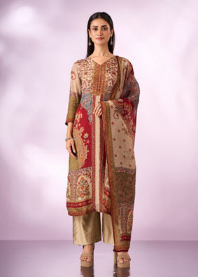 Mohey Women Green Chinon Stitched Suit with Hand Embroidery