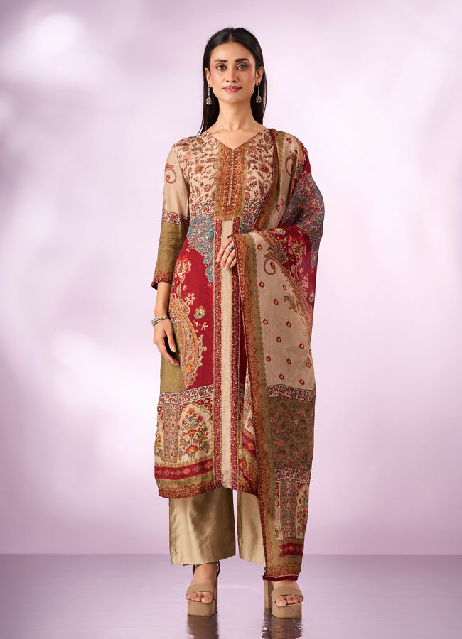 Mohey Women Green Chinon Stitched Suit with Hand Embroidery