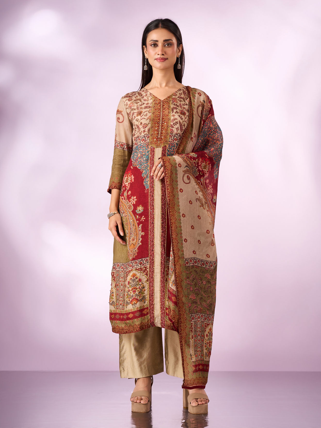 Mohey Women Green Chinon Stitched Suit with Hand Embroidery