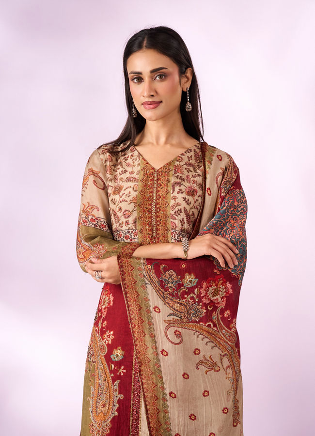 Mohey Women Green Chinon Stitched Suit with Hand Embroidery