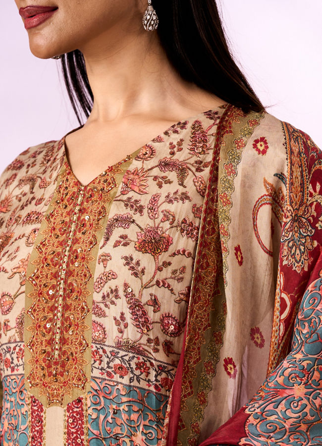 Mohey Women Green Chinon Stitched Suit with Hand Embroidery