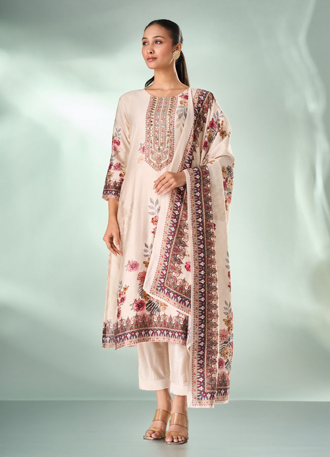 Mohey Women Cream Art Silk Stitched Suit with Embroidery