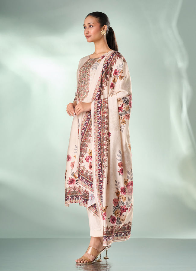 Mohey Women Cream Art Silk Stitched Suit with Embroidery