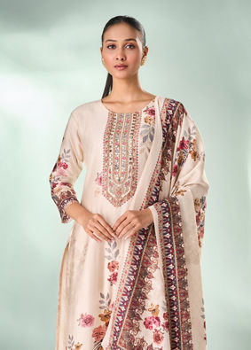 Mohey Women Cream Art Silk Stitched Suit with Embroidery