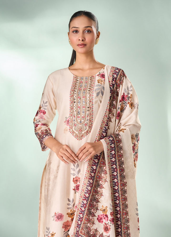 Mohey Women Cream Art Silk Stitched Suit with Embroidery