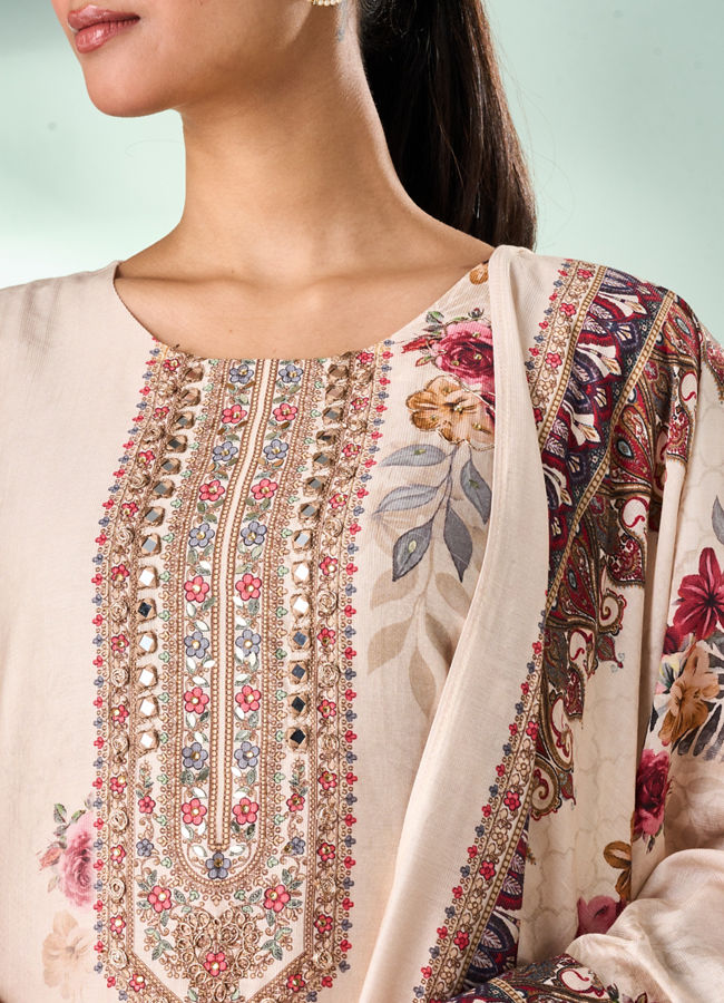 Mohey Women Cream Art Silk Stitched Suit with Embroidery
