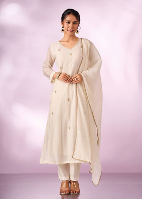 Mohey Women Cream Silk Anarkali Suit with Hand Embroidery