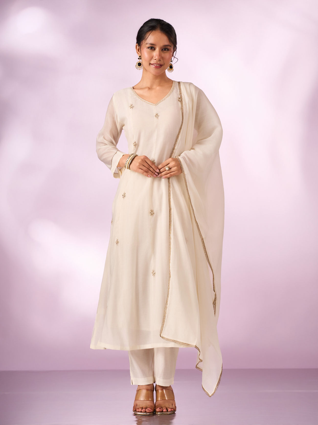 Mohey Women Cream Silk Anarkali Suit with Hand Embroidery