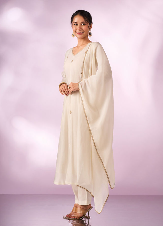 Mohey Women Cream Silk Anarkali Suit with Hand Embroidery