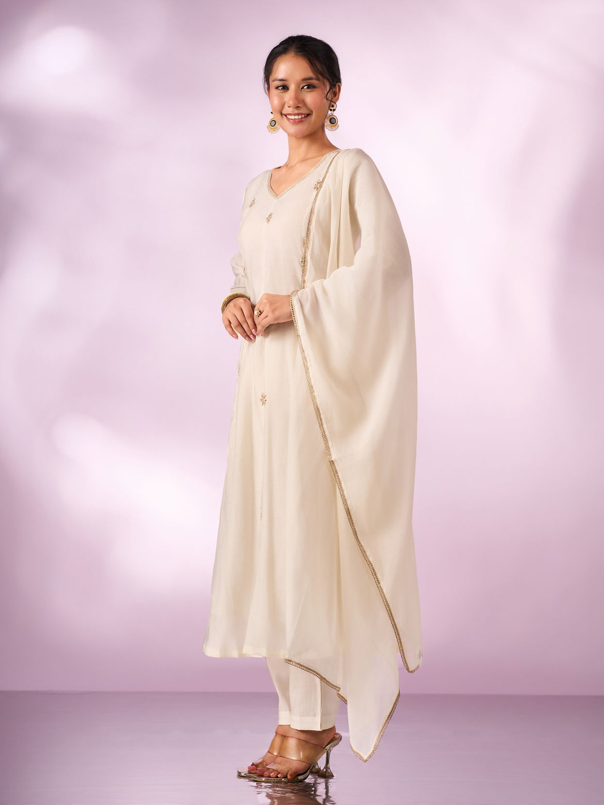 Mohey Women Cream Silk Anarkali Suit with Hand Embroidery