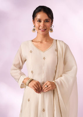 Mohey Women Cream Silk Anarkali Suit with Hand Embroidery
