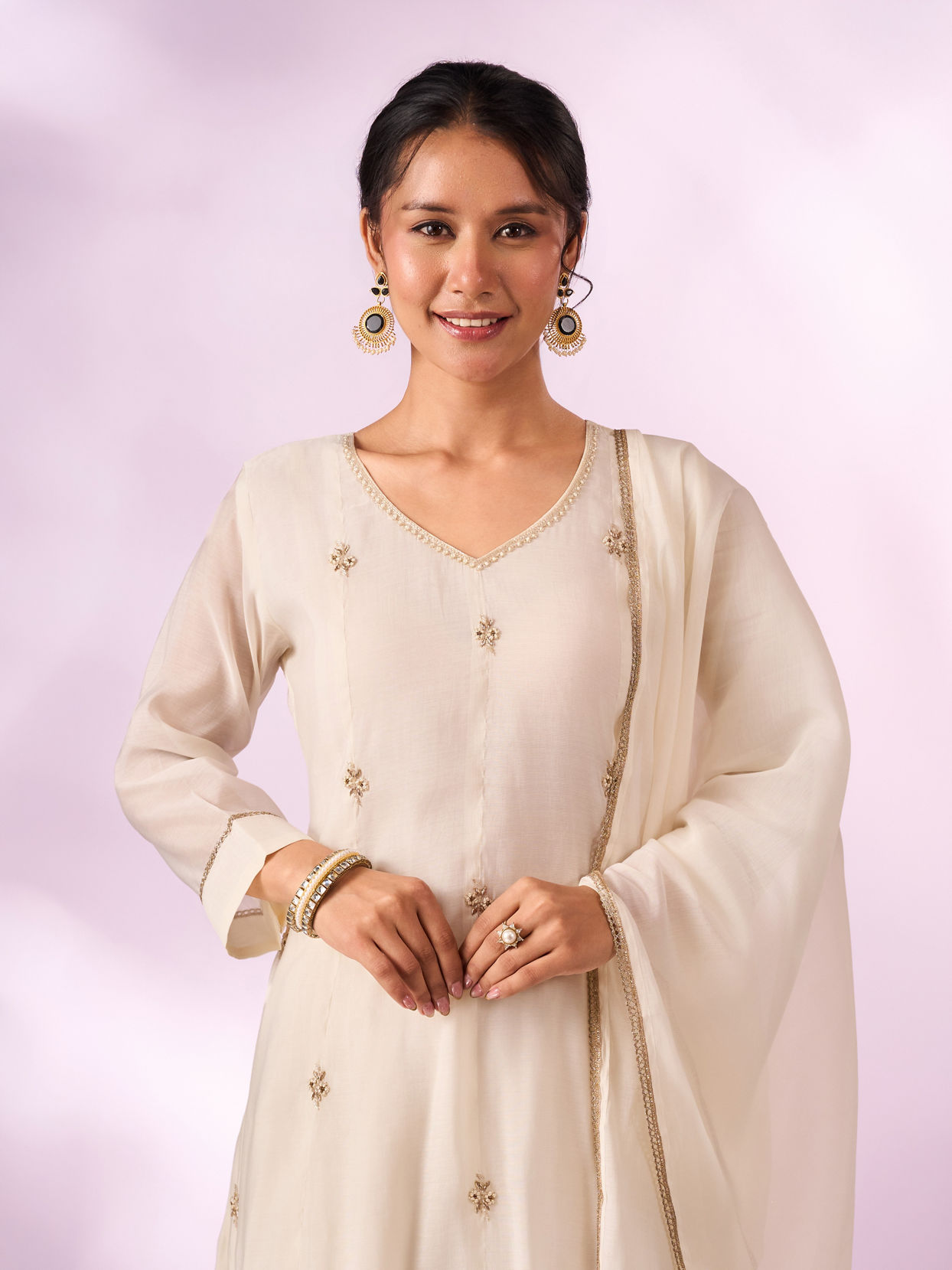 Mohey Women Cream Silk Anarkali Suit with Hand Embroidery