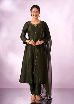 Mohey Women Green Silk Anarkali Suit with Hand Embroidery