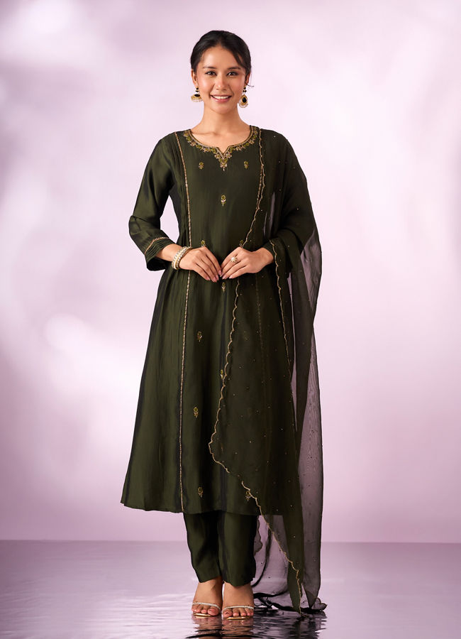 Mohey Women Green Silk Anarkali Suit with Hand Embroidery