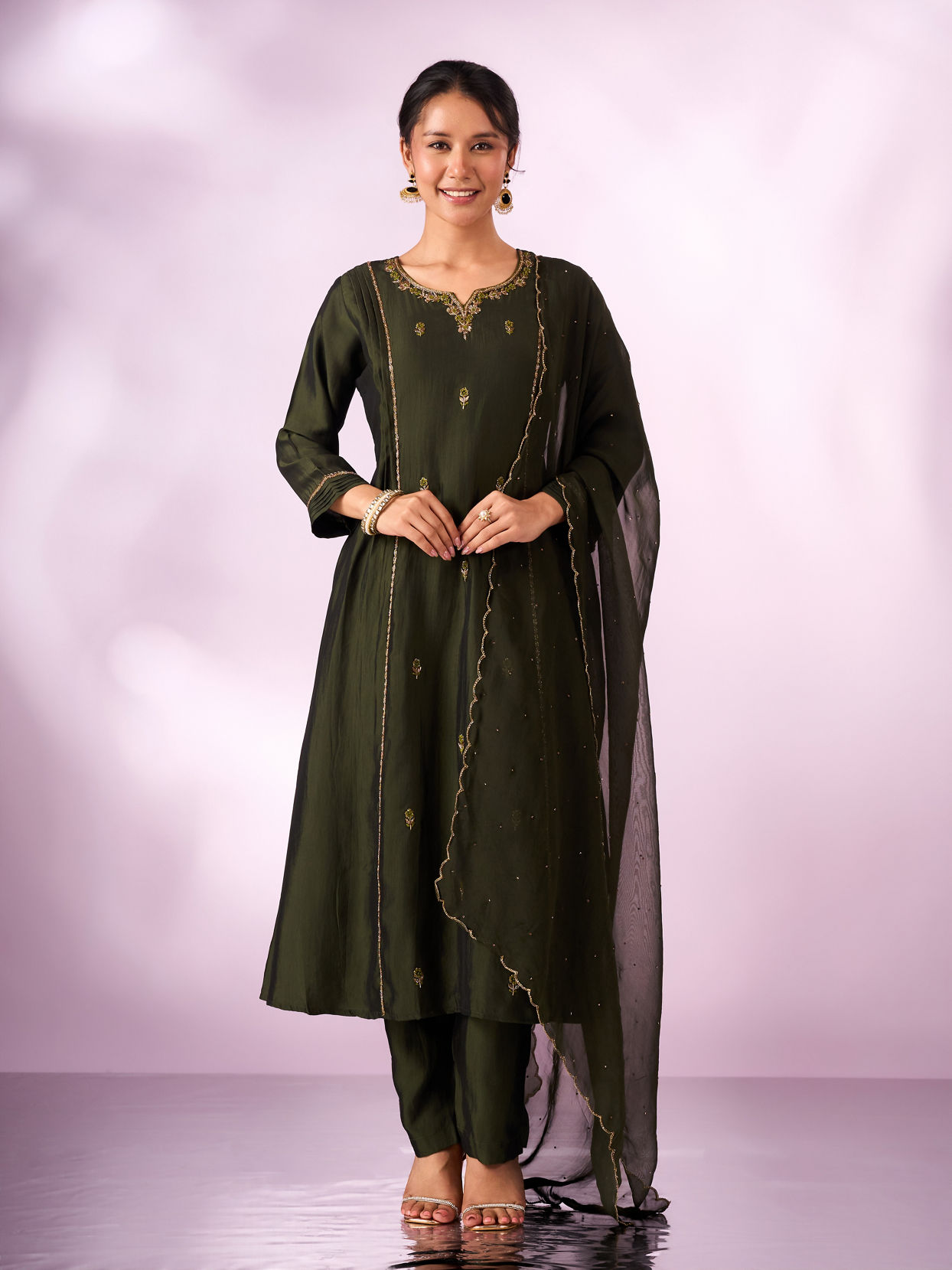 Mohey Women Green Silk Anarkali Suit with Hand Embroidery