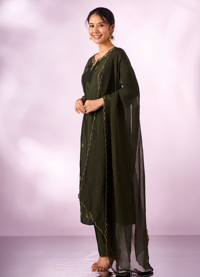 Mohey Women Green Silk Anarkali Suit with Hand Embroidery