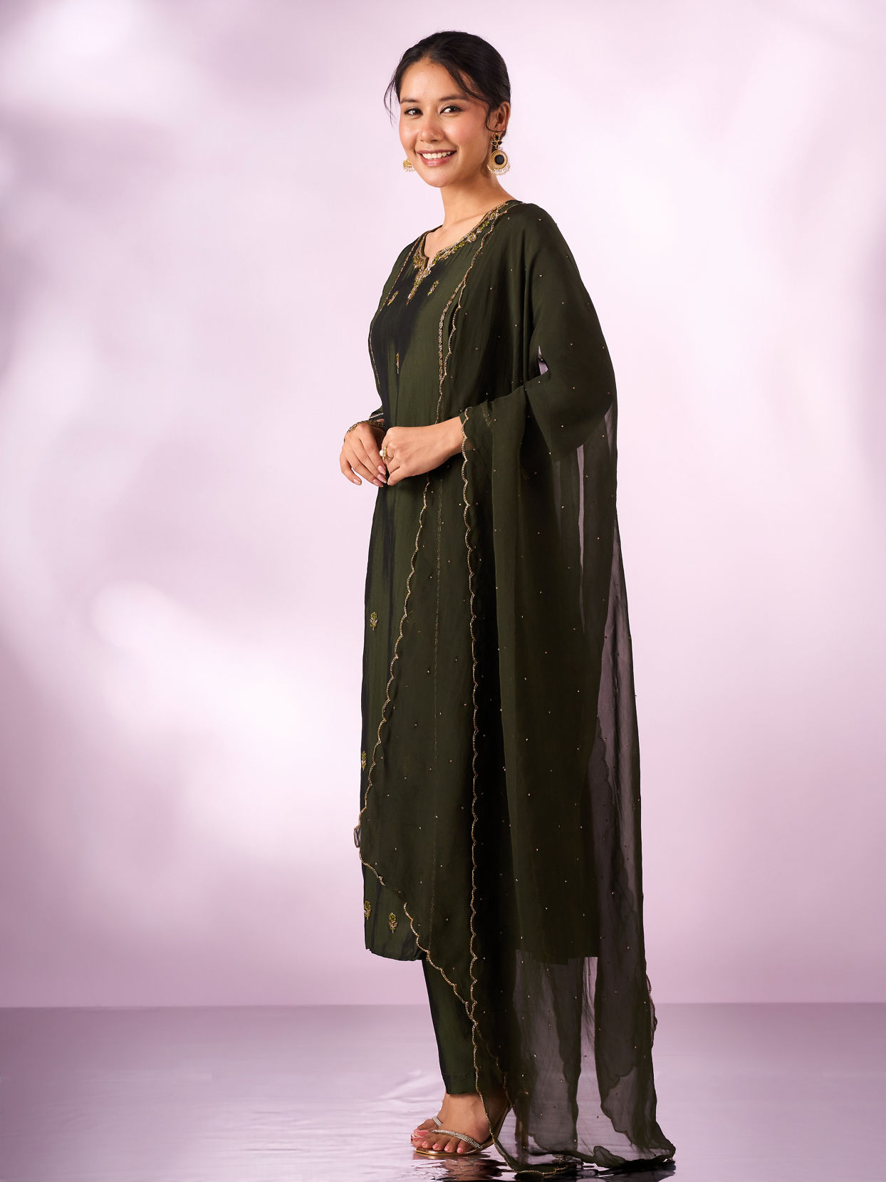 Mohey Women Green Silk Anarkali Suit with Hand Embroidery