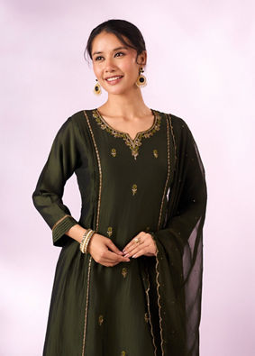 Mohey Women Green Silk Anarkali Suit with Hand Embroidery