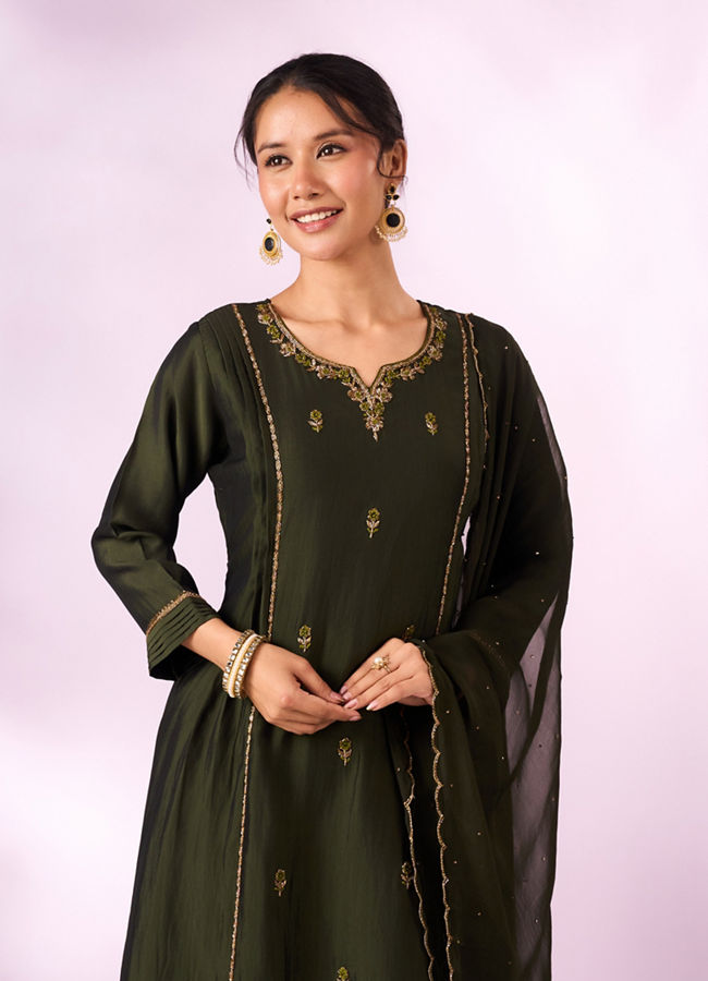 Mohey Women Green Silk Anarkali Suit with Hand Embroidery
