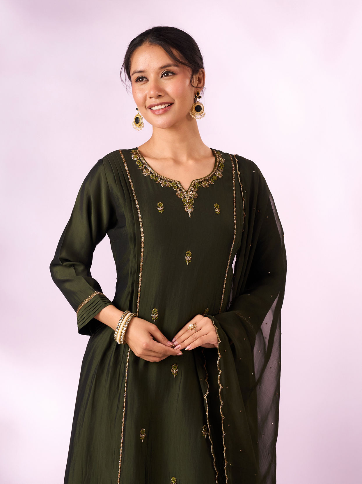 Mohey Women Green Silk Anarkali Suit with Hand Embroidery