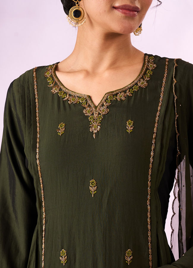 Mohey Women Green Silk Anarkali Suit with Hand Embroidery