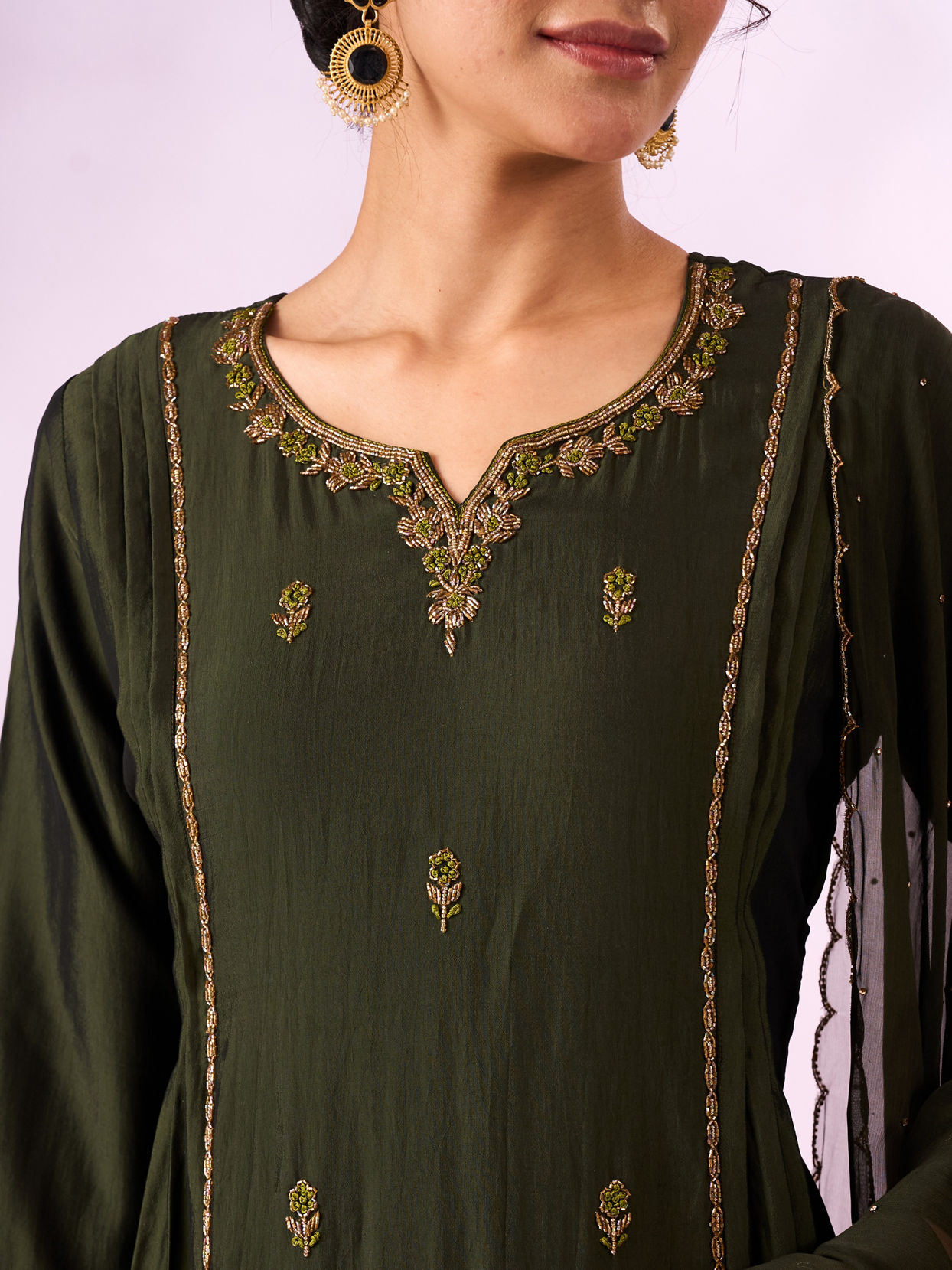 Mohey Women Green Silk Anarkali Suit with Hand Embroidery