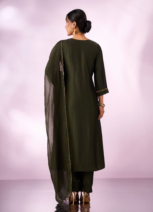 Mohey Women Green Silk Anarkali Suit with Hand Embroidery